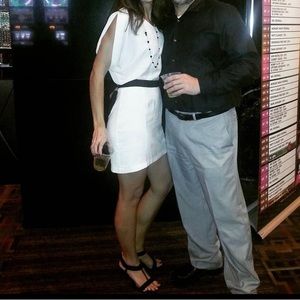 Sexy Cream i•ner sleeveless dolman style mini dress with black tie belt.